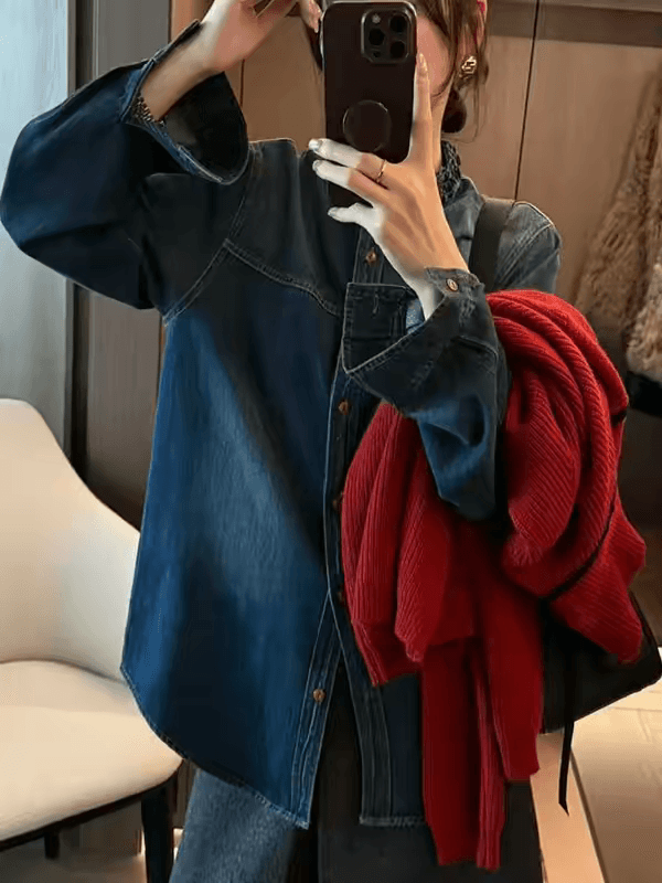 한 스타일 목이버섯 레이스 칼라 패션 다용도 데님 여성 셔츠 새로운 긴팔 싱글 줄 버튼 맨위 연령 감소 작은 셔츠 트렌디 상세 이미지 15