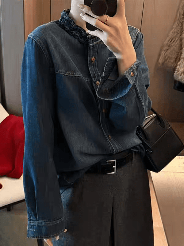 한 스타일 목이버섯 레이스 칼라 패션 다용도 데님 여성 셔츠 새로운 긴팔 싱글 줄 버튼 맨위 연령 감소 작은 셔츠 트렌디 상세 이미지 12