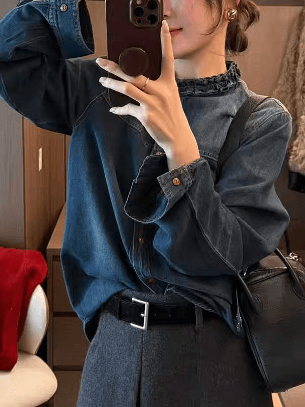 한 스타일 목이버섯 레이스 칼라 패션 다용도 데님 여성 셔츠 새로운 긴팔 싱글 줄 버튼 맨위 연령 감소 작은 셔츠 트렌디 상세 이미지 14