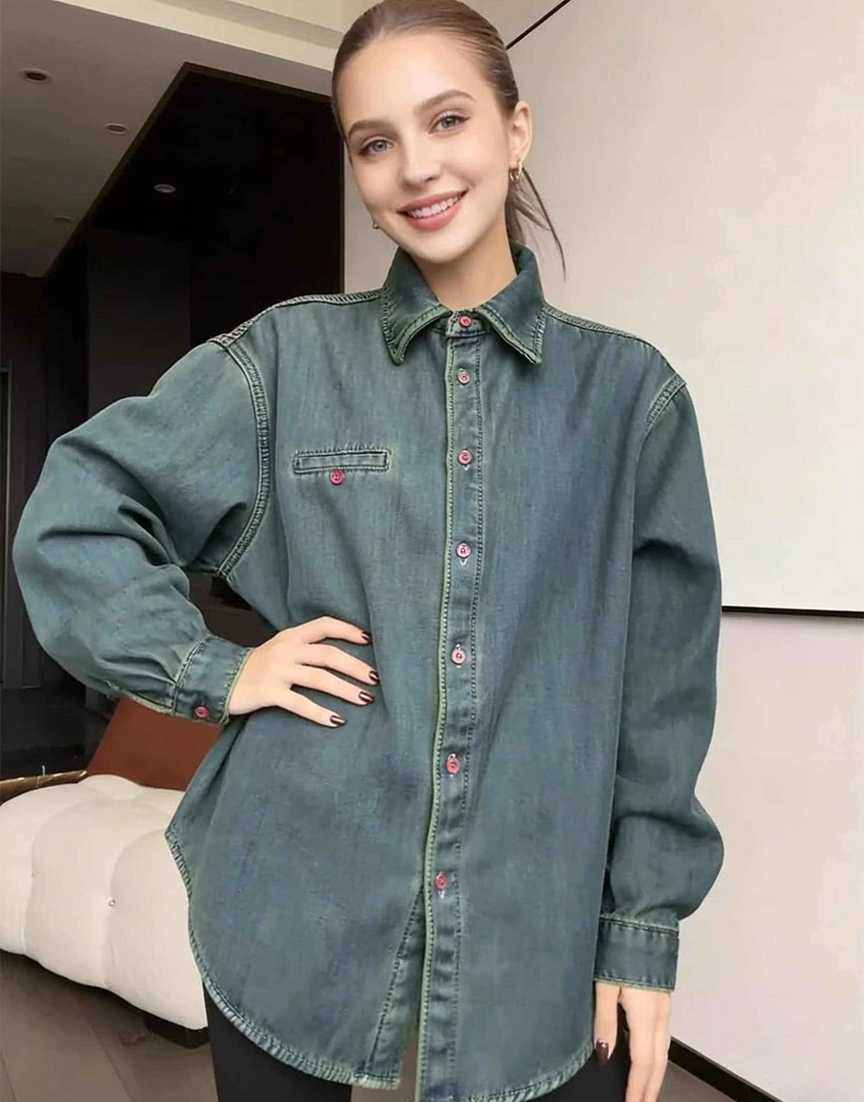 데님 여성 셔츠 한국 스타일 루즈핏 연령 감소 다용도 폴로 칼라 긴팔 이른 봄 ins 레트로 셔츠 트렌디