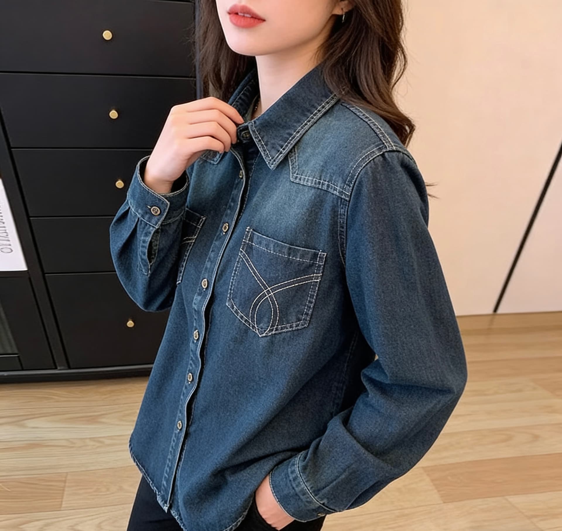 레트로 항구 바람 파란색 데님 여성 셔츠 가을 겨울 2026 새로운 스택 착용 셔츠 디자인 센스 맨위 이미지 4