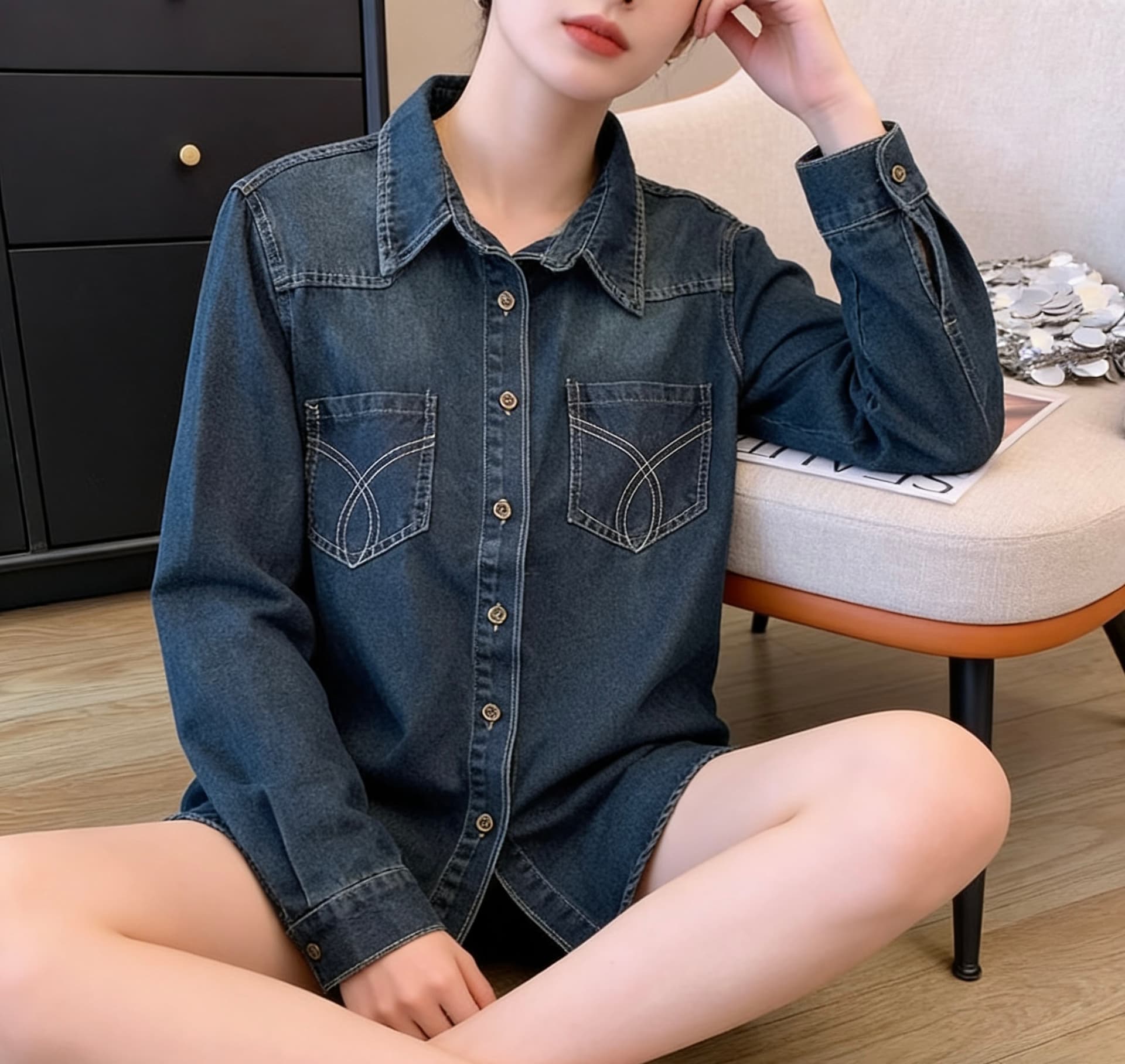 레트로 항구 바람 파란색 데님 여성 셔츠 가을 겨울 2026 새로운 스택 착용 셔츠 디자인 센스 맨위 상세 이미지 5