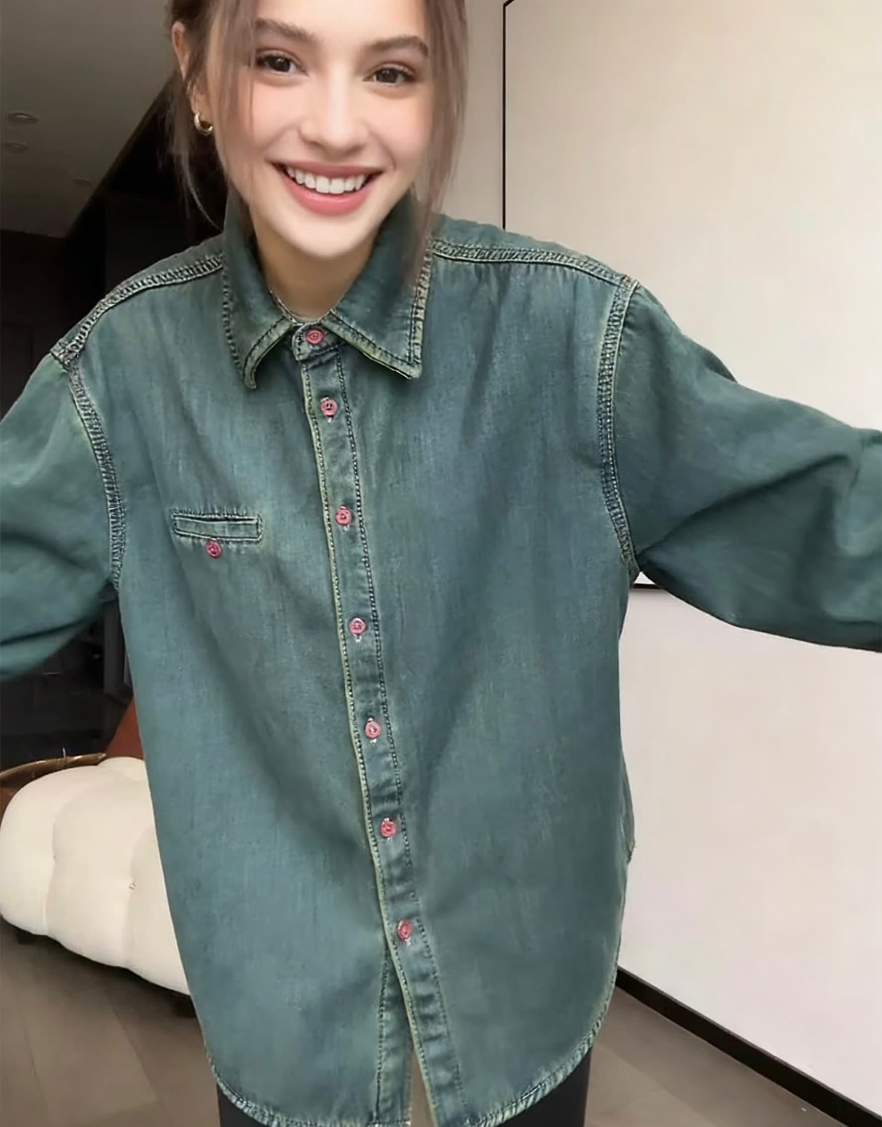 데님 여성 셔츠 한국 스타일 루즈핏 연령 감소 다용도 폴로 칼라 긴팔 이른 봄 ins 레트로 셔츠 트렌디 상세 이미지 5