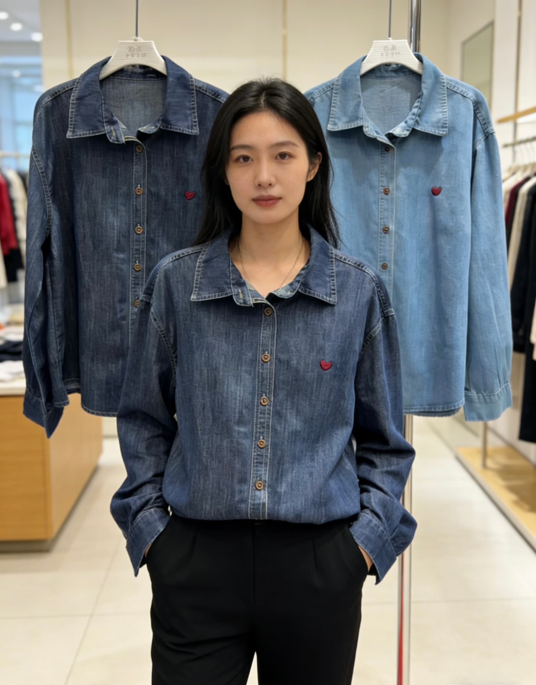 2026 새로운 하트 자수 데님 셔츠 루즈핏 캐주얼 다용도 폴로 칼라 긴팔 맨위 높은 품질 봄 가을 면 상세 이미지 14