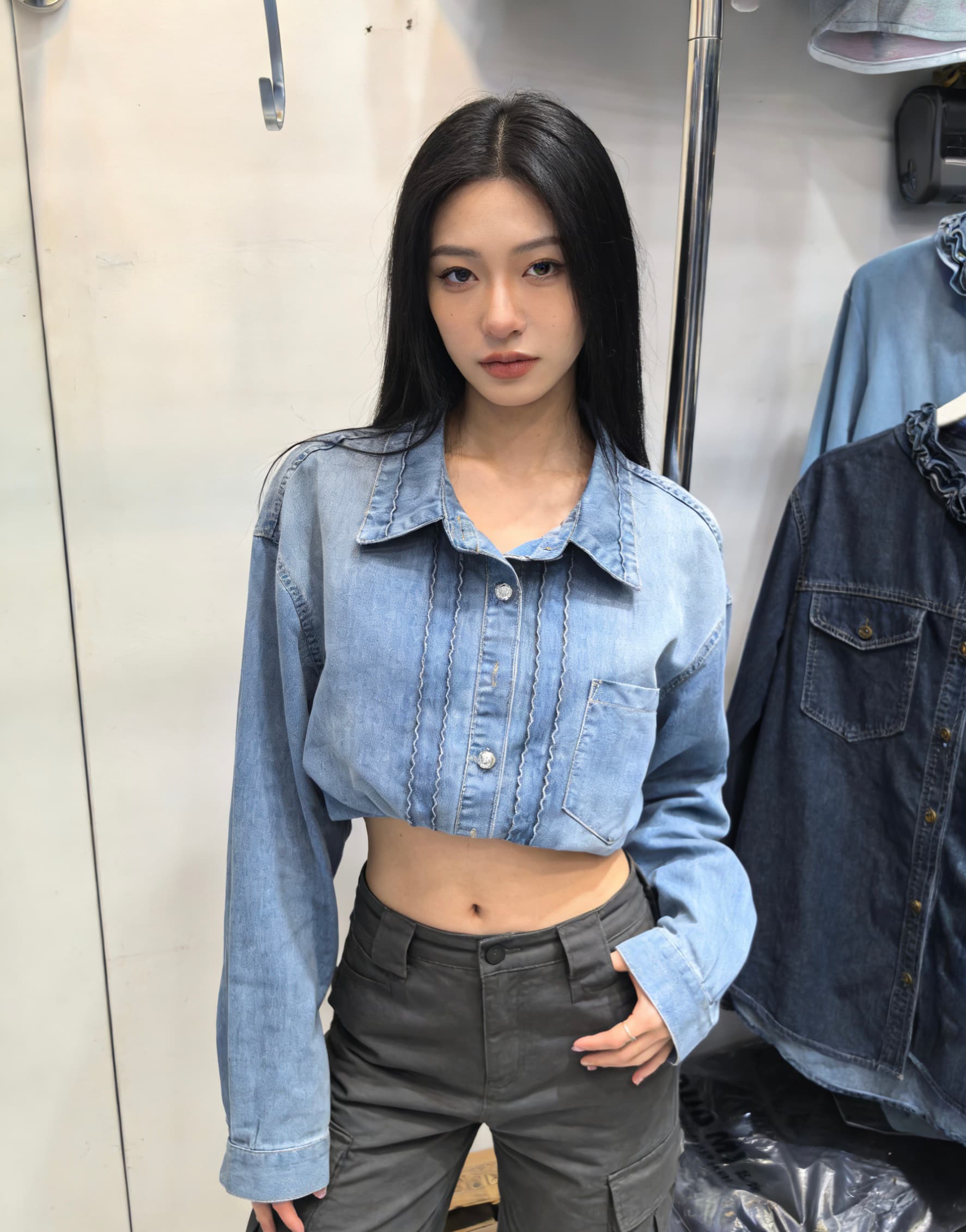 무거운 작업 레트로 데님 폴로 칼라 셔츠 2026 년 봄 가을 한국 스타일 세련된 루즈핏 긴팔 여성 이미지 4