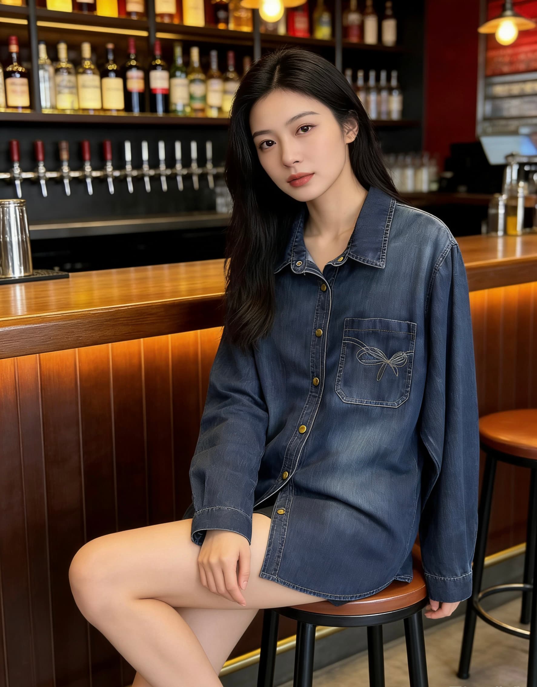 데님 여성 셔츠 2026 봄 새로운 프랑스식 출퇴근 자수 디자인 센스 폴로 칼라 긴팔 셔츠 이미지 3