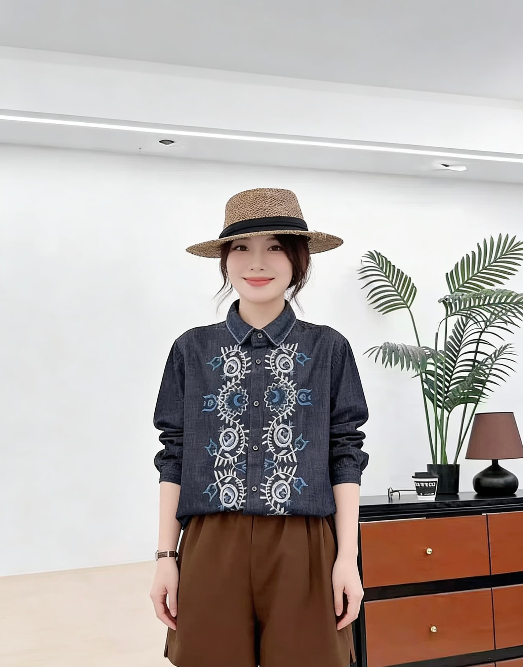 레트로 자수 데님 셔츠 여성 긴 소매 루즈핏 봄 가을 새로운 대외 무역 여성 의류 일본식 문예 센 첨부 된 의류 이미지 3