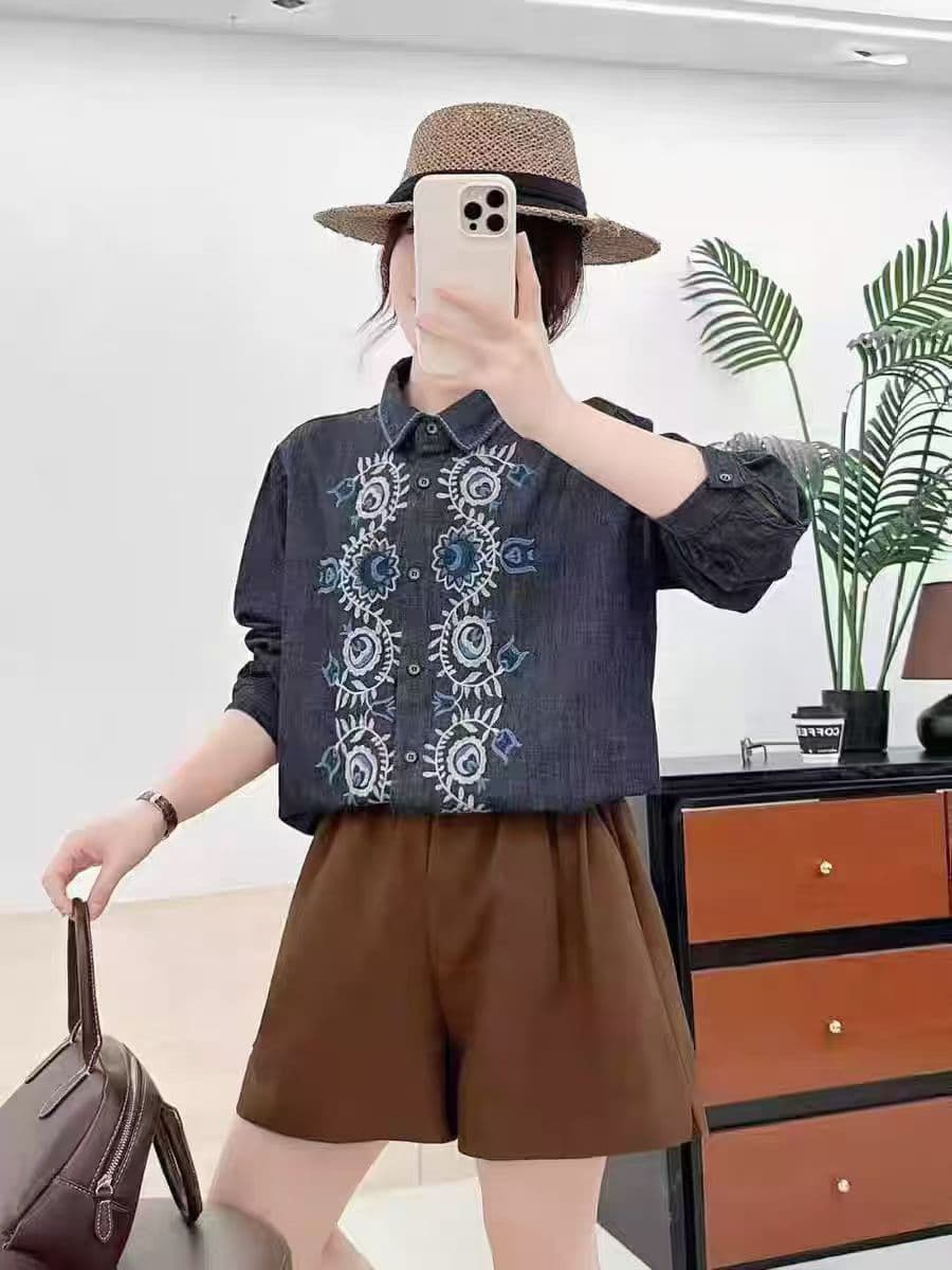레트로 자수 데님 셔츠 여성 긴 소매 루즈핏 봄 가을 새로운 대외 무역 여성 의류 일본식 문예 센 첨부 된 의류 상세 이미지 1