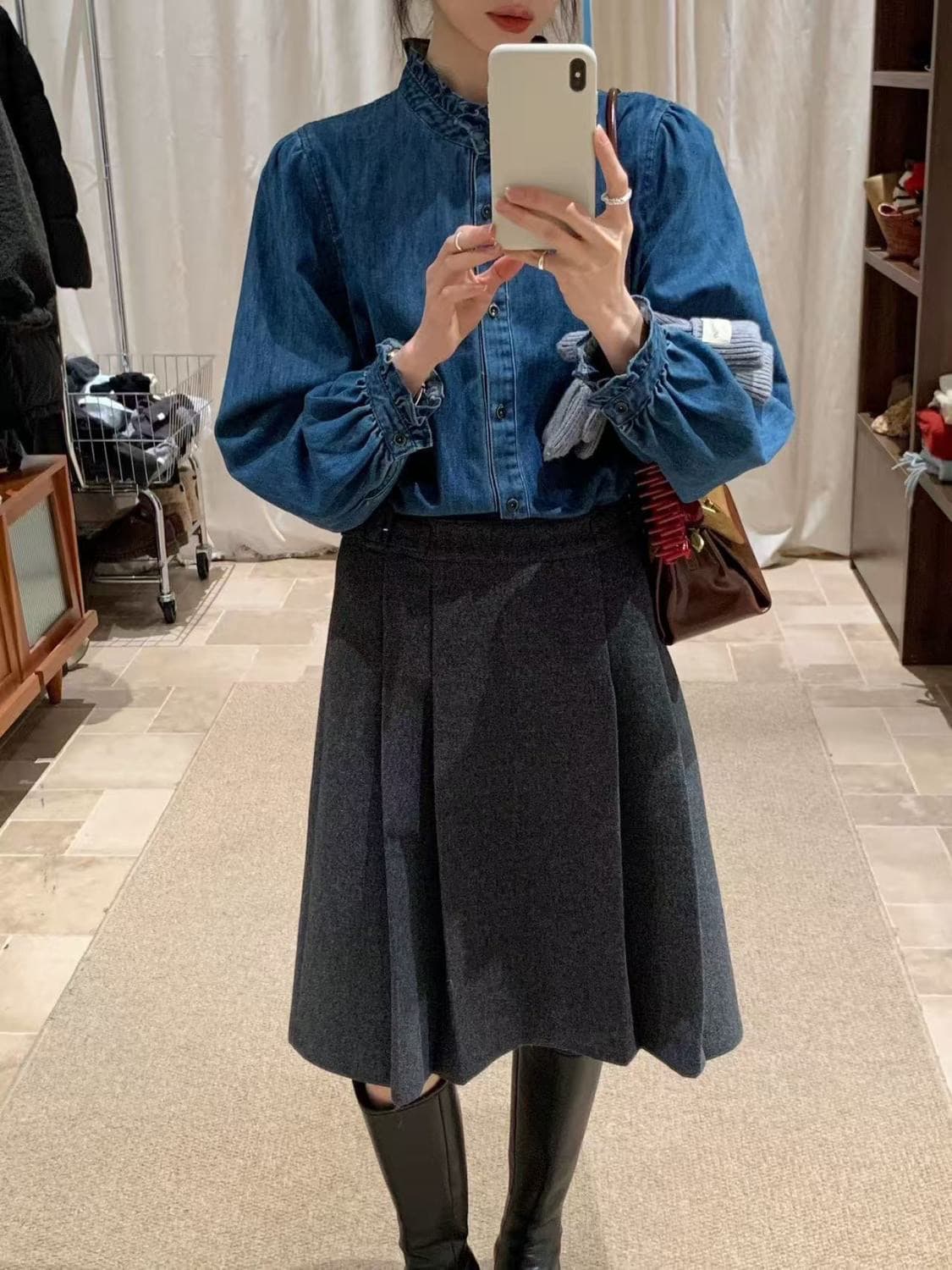 한국 스타일 레이스 칼라 디자인 센스 데님 셔츠 여성 의류 2026 봄 가을 새로운 루즈핏 패션 품격 긴팔 셔츠 상세 이미지 5