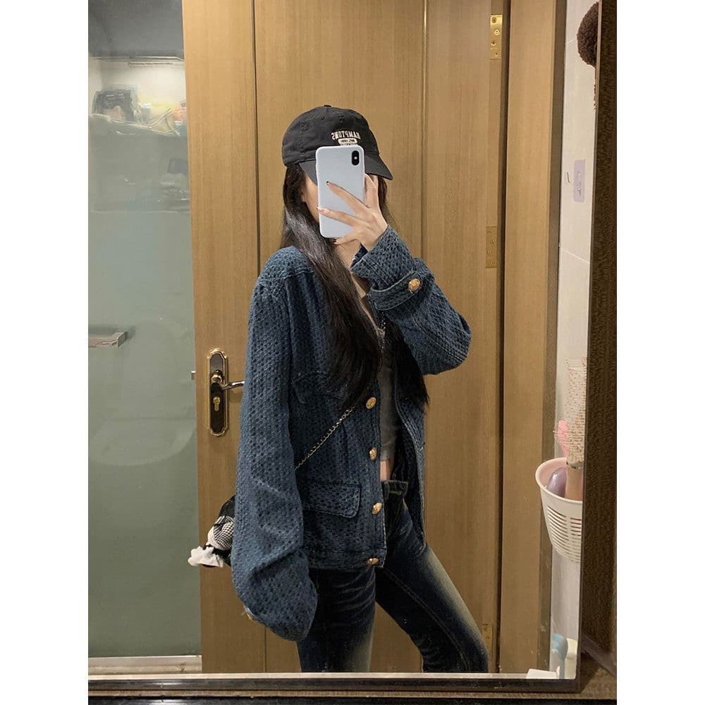 파란색 질감 센스 작은 샤넬 스타일 데님 여성 코트 가을 새로운 루즈핏 스탠드 칼라 재킷 다용도 품격 맨위 트렌디 이미지 2