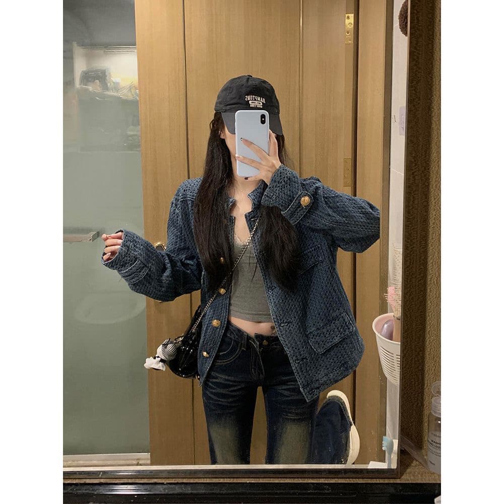 파란색 질감 센스 작은 샤넬 스타일 데님 여성 코트 가을 새로운 루즈핏 스탠드 칼라 재킷 다용도 품격 맨위 트렌디 이미지 5