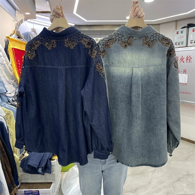 무거운 작업 비즈 박기 자수 나비 데님 여성 셔츠 봄 가을 새로운 빛 럭셔리 바람 패션 폴로 칼라 루즈핏 다용도 맨위 이미지 2