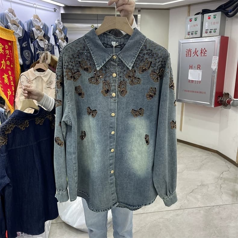 무거운 작업 비즈 박기 자수 나비 데님 여성 셔츠 봄 가을 새로운 빛 럭셔리 바람 패션 폴로 칼라 루즈핏 다용도 맨위 이미지 3