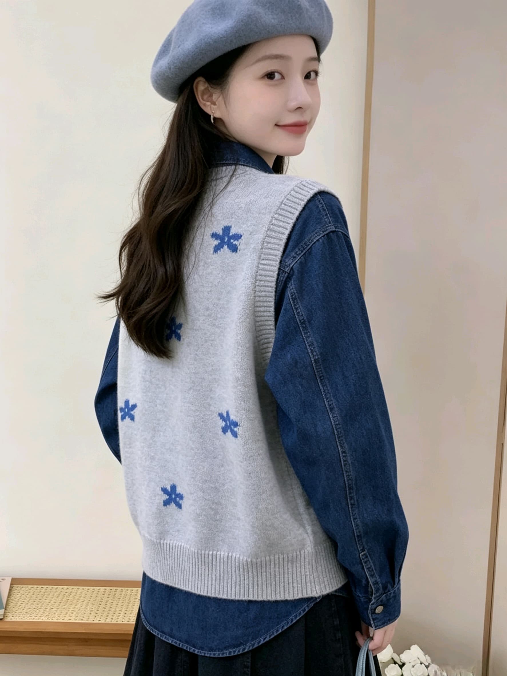 한 부서 자이언트 잘 생긴 자카드 니트 두 조각 여성 세트 조끼 봄 스택 착용 쇼트 스타일 긴팔 어깨 외부 가져 가라. 상세 이미지 6