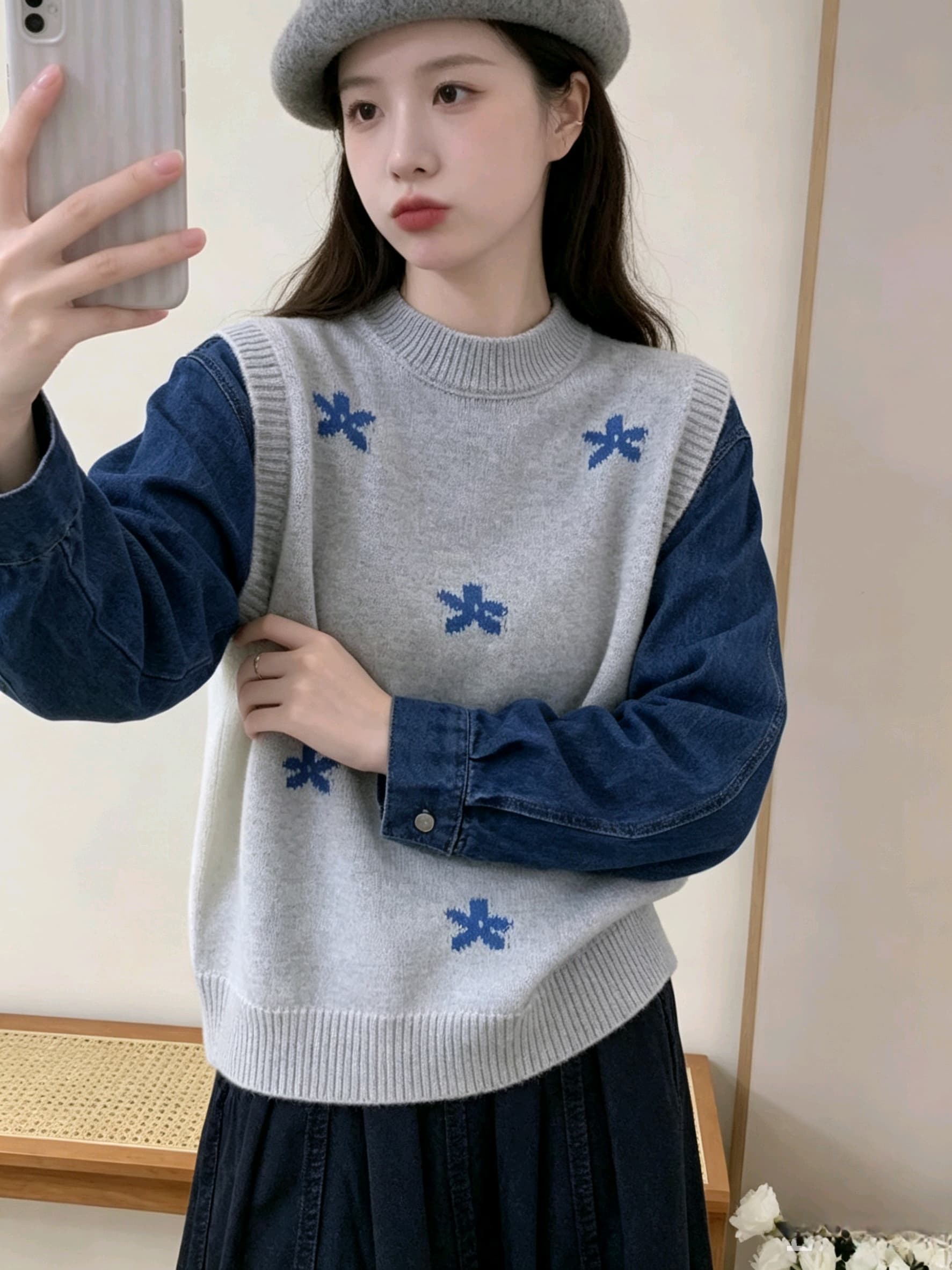 한 부서 자이언트 잘 생긴 자카드 니트 두 조각 여성 세트 조끼 봄 스택 착용 쇼트 스타일 긴팔 어깨 외부 가져 가라. 상세 이미지 7
