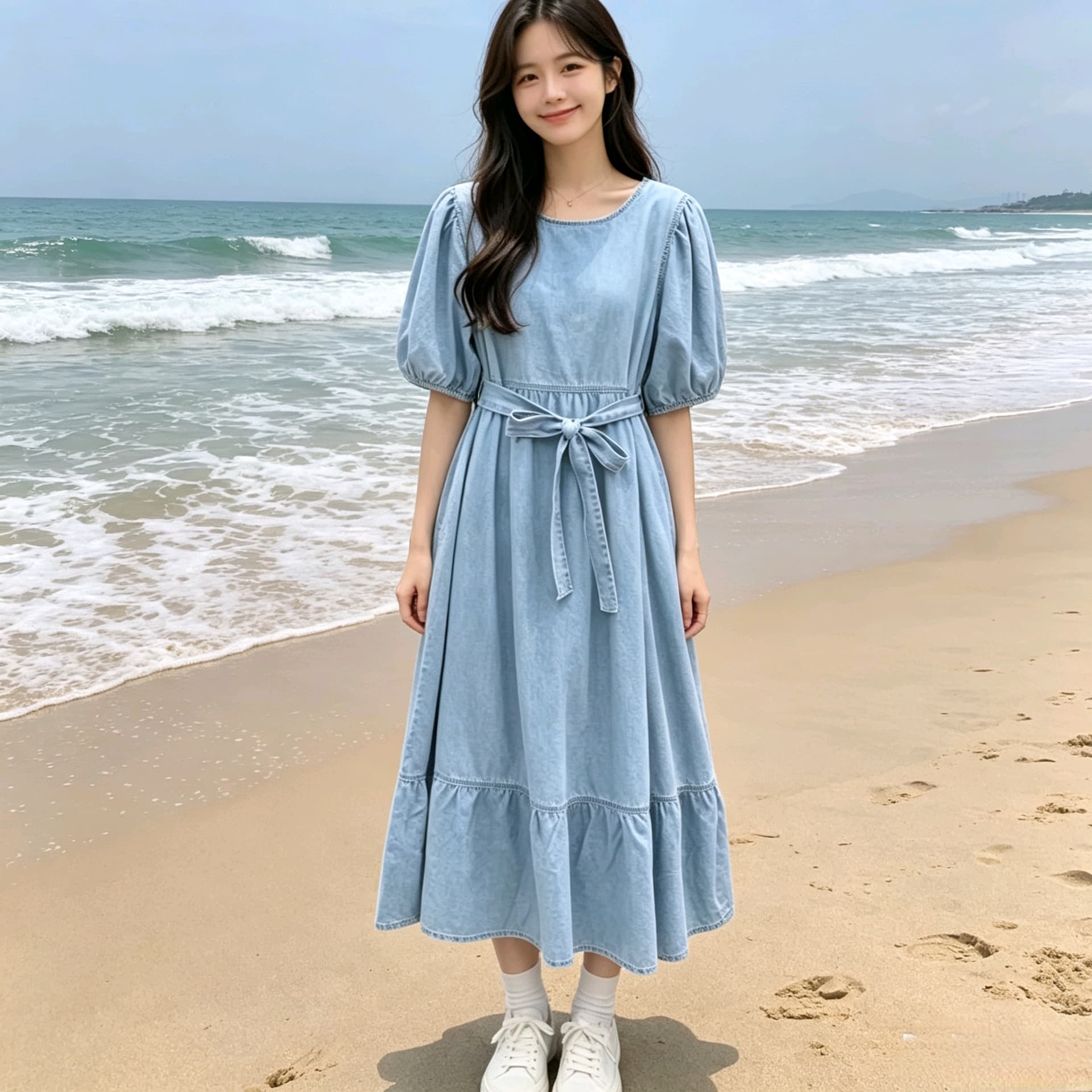 일본과 한국 유럽 2026 새로운 한국 스타일 달콤함 레이스업 슬림해 보이는 반팔 데님 드레스
