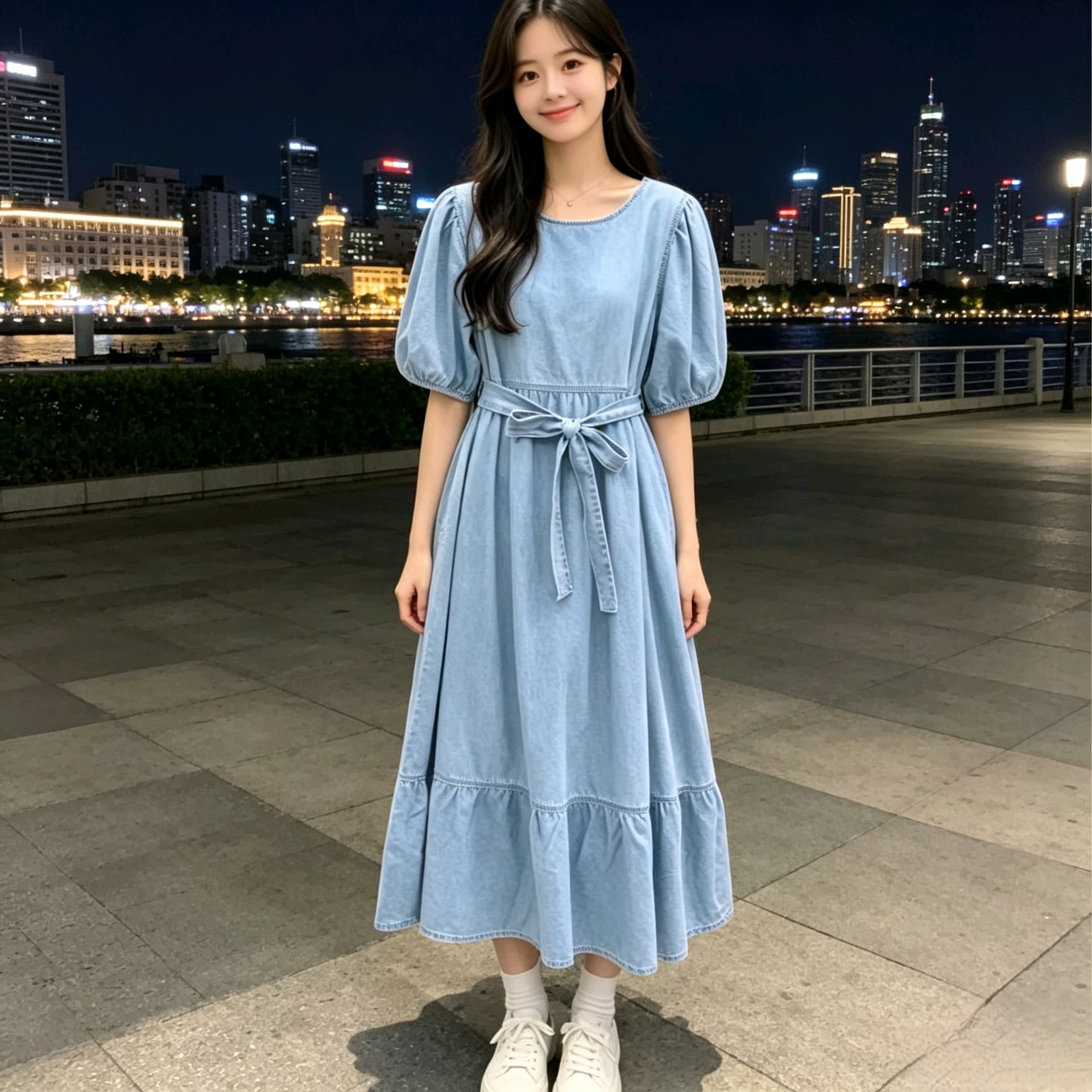 일본과 한국 유럽 2026 새로운 한국 스타일 달콤함 레이스업 슬림해 보이는 반팔 데님 드레스 상세 이미지 2