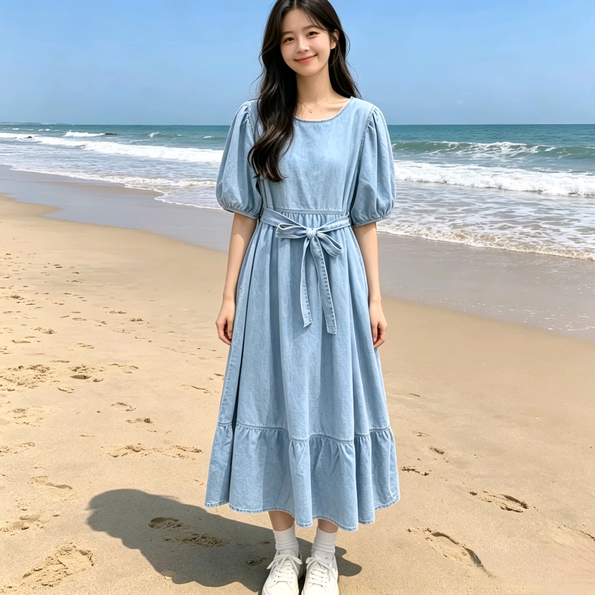 일본과 한국 유럽 2026 새로운 한국 스타일 달콤함 레이스업 슬림해 보이는 반팔 데님 드레스 상세 이미지 3