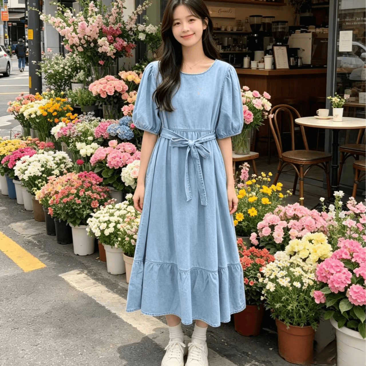 일본과 한국 유럽 2026 새로운 한국 스타일 달콤함 레이스업 슬림해 보이는 반팔 데님 드레스 상세 이미지 9