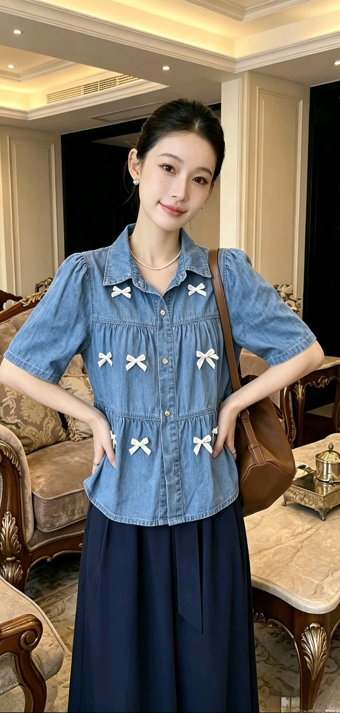 레트로 폴로 칼라 반팔 데님 여성 셔츠 여름 새로운 디자인 센스 주름 루즈핏 슬림해 보이는 쇼트 스타일 치마 맨위 상세 이미지 2
