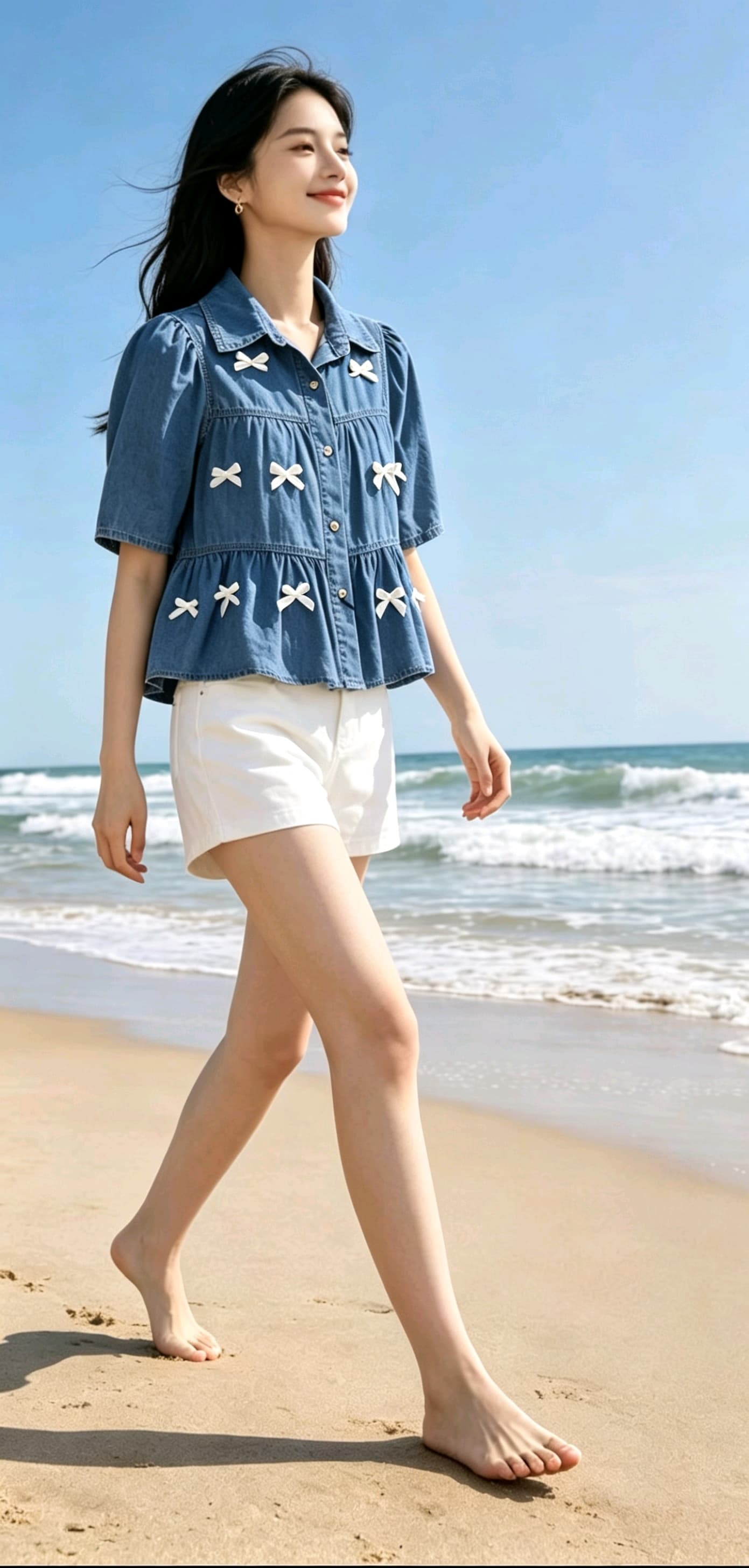 레트로 폴로 칼라 반팔 데님 여성 셔츠 여름 새로운 디자인 센스 주름 루즈핏 슬림해 보이는 쇼트 스타일 치마 맨위 상세 이미지 6