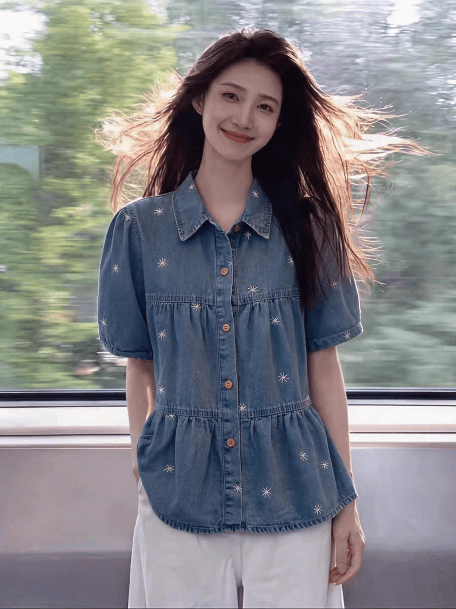 POLO 칼라 반팔 데님 셔츠 여자 여름 2026 빅 사이즈 지방 mm 슬림해 보이는 연령 감소 디자인 센스 자수 맨위 이미지 4
