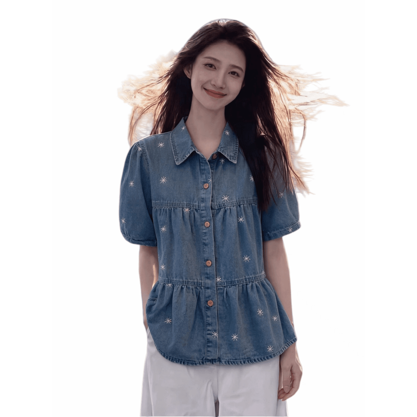POLO 칼라 반팔 데님 셔츠 여자 여름 2026 빅 사이즈 지방 mm 슬림해 보이는 연령 감소 디자인 센스 자수 맨위 이미지 5
