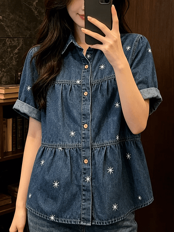 POLO 칼라 반팔 데님 셔츠 여자 여름 2026 빅 사이즈 지방 mm 슬림해 보이는 연령 감소 디자인 센스 자수 맨위 상세 이미지 6