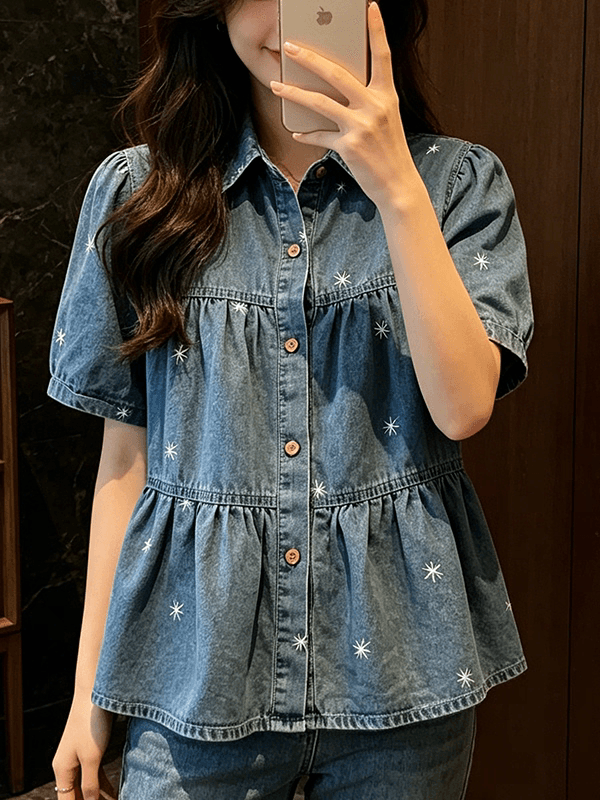 POLO 칼라 반팔 데님 셔츠 여자 여름 2026 빅 사이즈 지방 mm 슬림해 보이는 연령 감소 디자인 센스 자수 맨위 상세 이미지 7