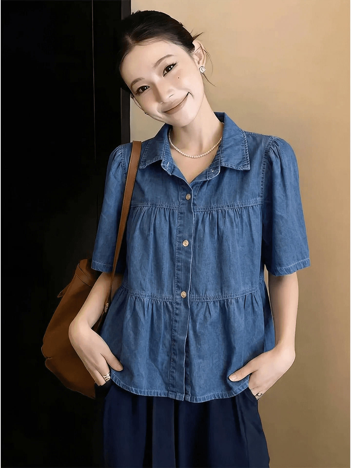 아메리칸 레트로 폴로 칼라 반팔 데님 여성 셔츠 여름 루즈핏 슬림해 보이는 디자인 센스 작은 대중 다용도 셔츠 맨위 이미지 3