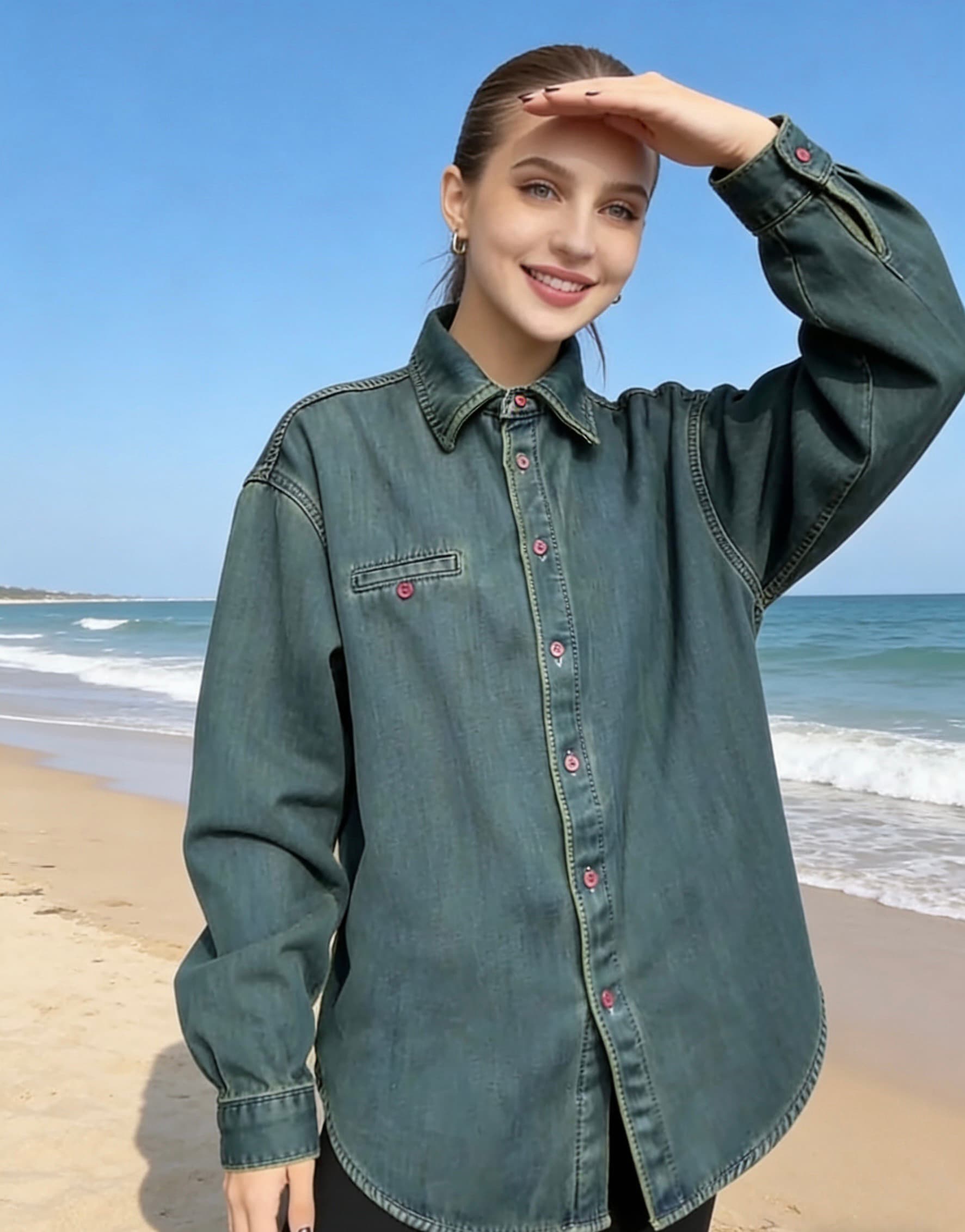 데님 여성 셔츠 2026 한국 스타일 루즈핏 연령 감소 다용도 폴로 칼라 긴팔 이른 봄 ins 레트로 셔츠 트렌디 상세 이미지 1