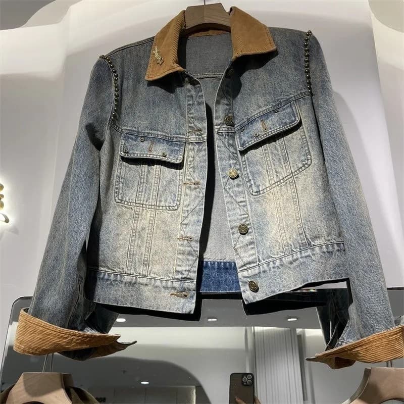 2026 새로운 세련된 oversize 가을 어깨 디자인 센스 작은 대중 루즈핏 셔츠 프로필 모양 데님 여성 코트 가을 상세 이미지 1