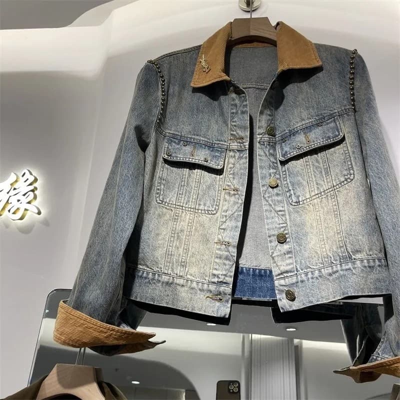 2026 새로운 세련된 oversize 가을 어깨 디자인 센스 작은 대중 루즈핏 셔츠 프로필 모양 데님 여성 코트 가을 상세 이미지 3