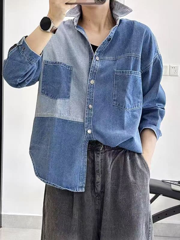 새로운 배색 패치워크 데님 여성 셔츠 봄 가을 루즈핏 빅 사이즈 느긋한 바람 레트로 워싱 더블 주머니 셔츠 외부