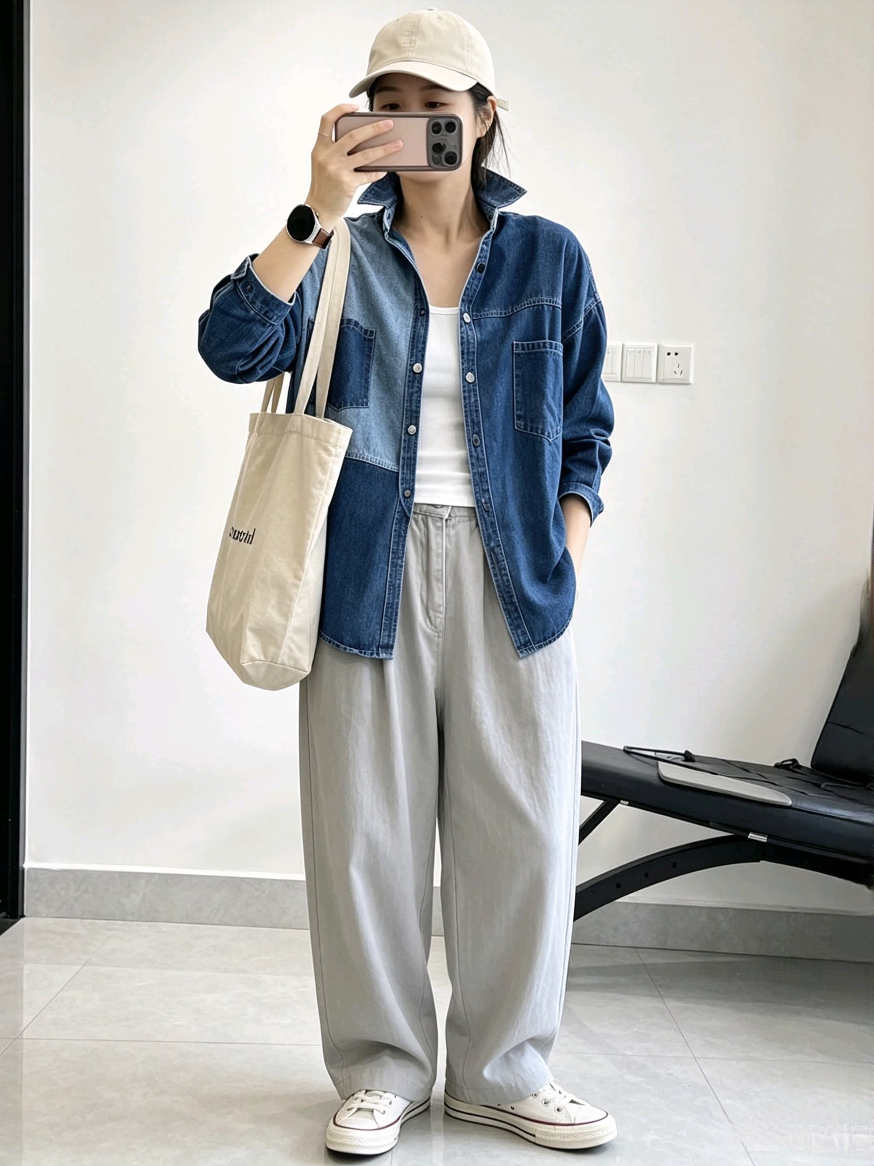 새로운 배색 패치워크 데님 여성 셔츠 봄 가을 루즈핏 빅 사이즈 느긋한 바람 레트로 워싱 더블 주머니 셔츠 외부 이미지 4