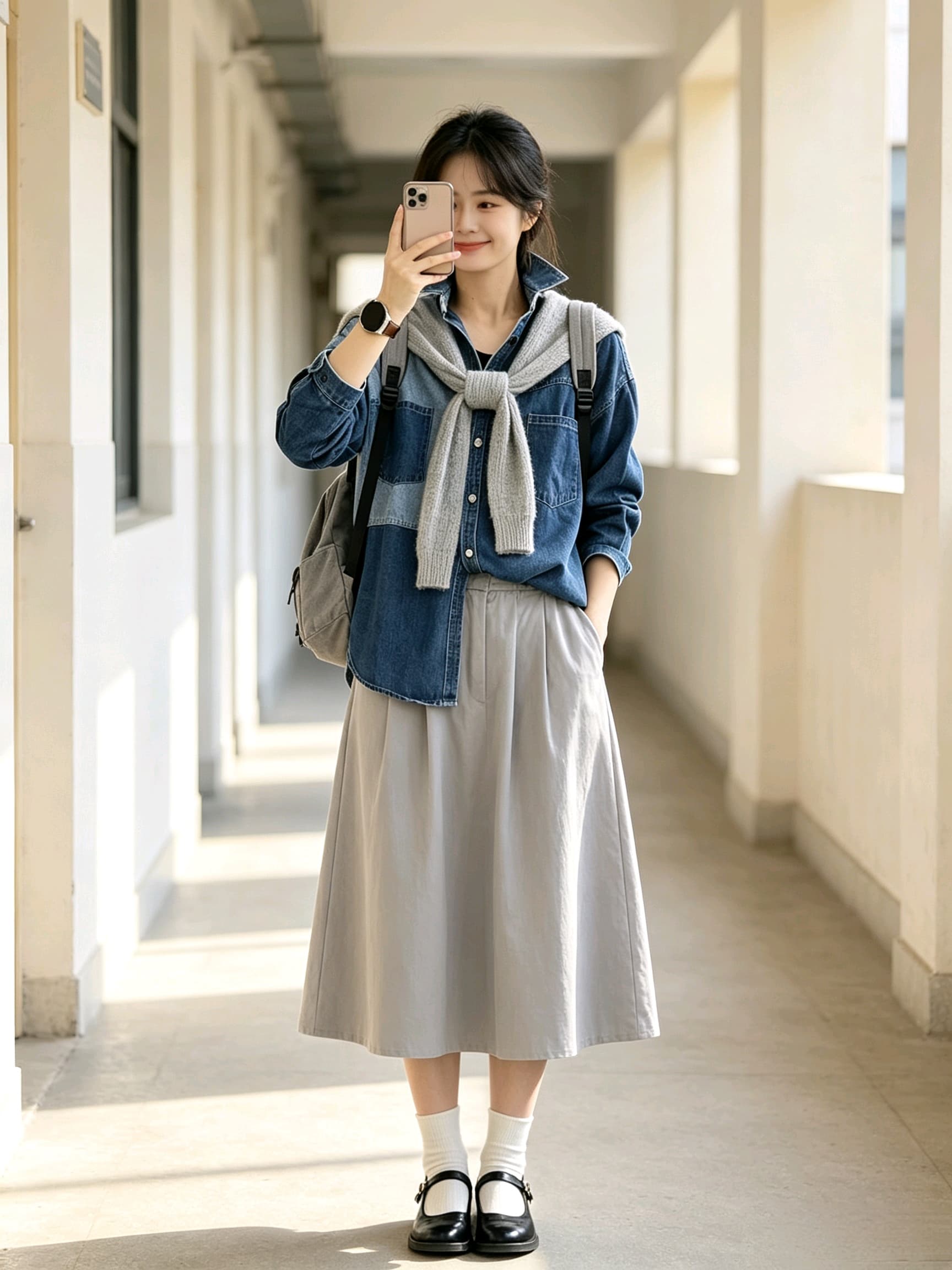 새로운 배색 패치워크 데님 여성 셔츠 봄 가을 루즈핏 빅 사이즈 느긋한 바람 레트로 워싱 더블 주머니 셔츠 외부 상세 이미지 4