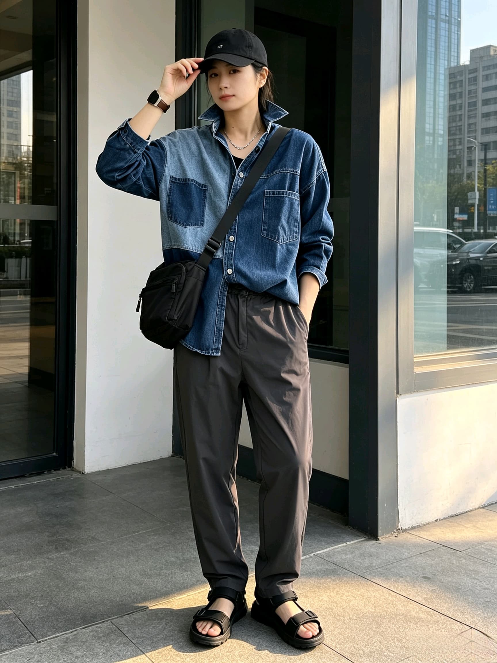 새로운 배색 패치워크 데님 여성 셔츠 봄 가을 루즈핏 빅 사이즈 느긋한 바람 레트로 워싱 더블 주머니 셔츠 외부 상세 이미지 5