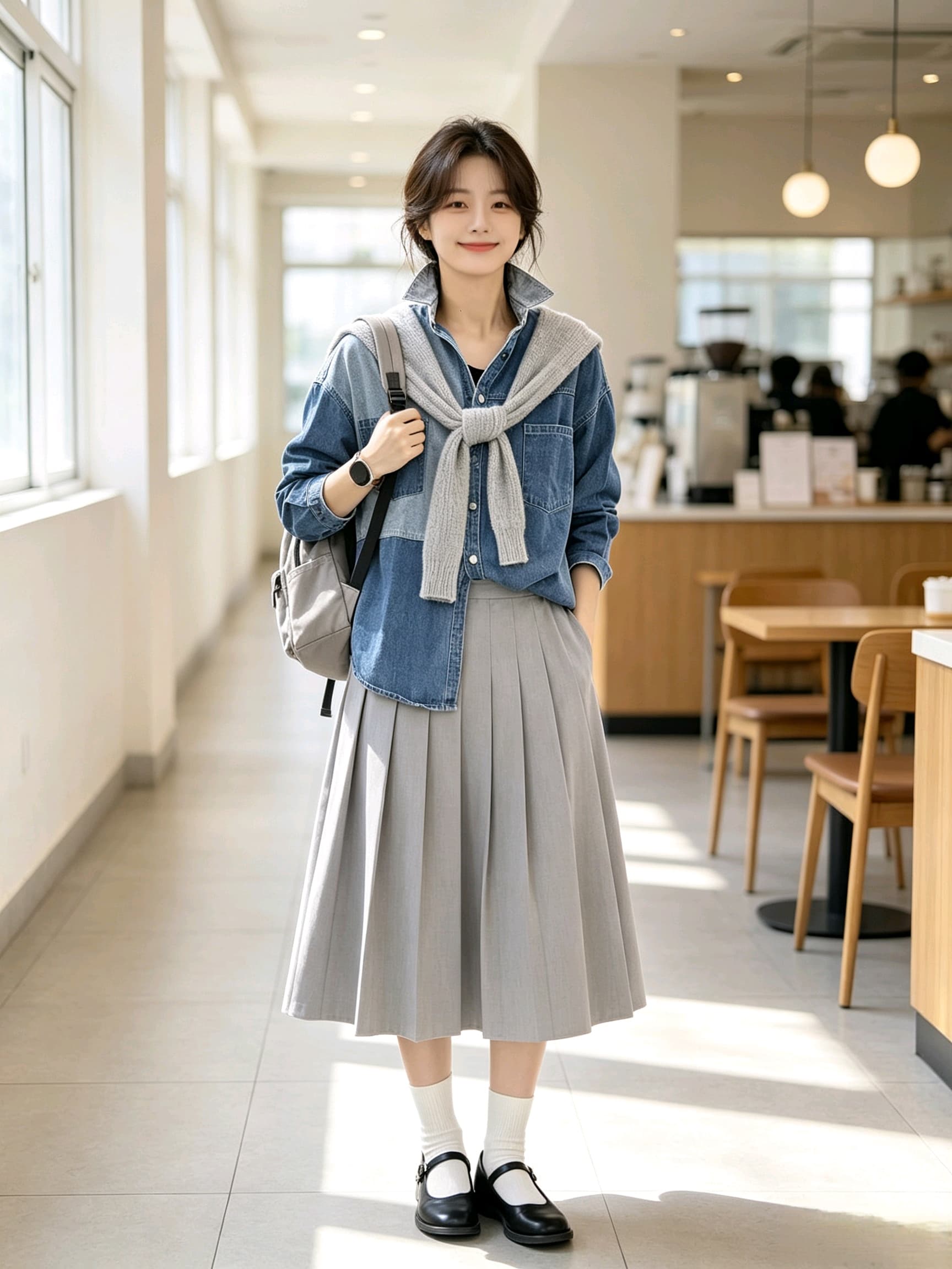 새로운 배색 패치워크 데님 여성 셔츠 봄 가을 루즈핏 빅 사이즈 느긋한 바람 레트로 워싱 더블 주머니 셔츠 외부 상세 이미지 8
