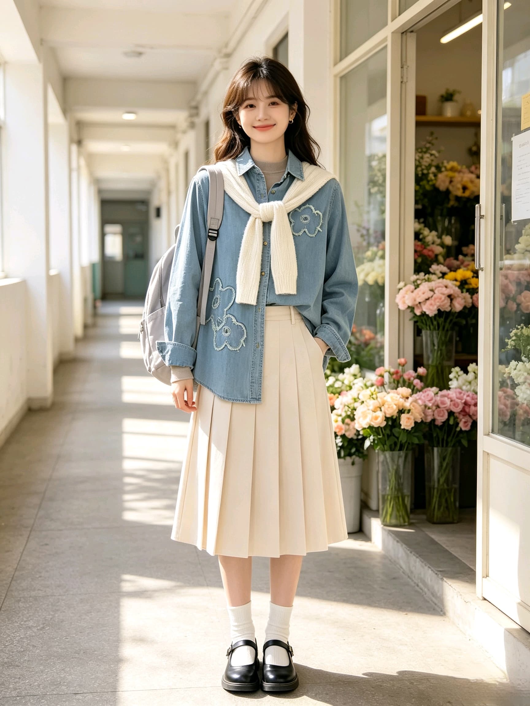 새로운 배색 패치워크 데님 여성 셔츠 봄 가을 루즈핏 빅 사이즈 느긋한 바람 레트로 워싱 더블 주머니 셔츠 외부 상세 이미지 4
