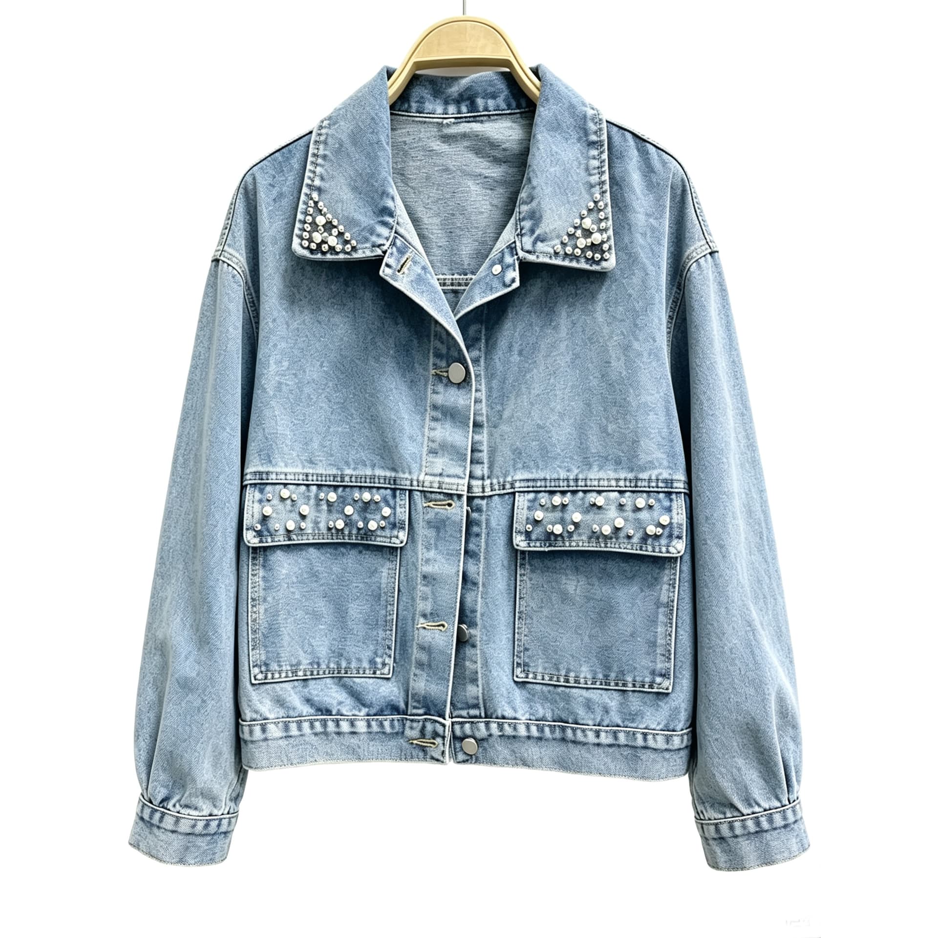 무거운 작업 비즈 박기 다이아몬드 세팅 데님 여성 코트 가을 새로운 루즈핏 폴로 칼라 디자인 센스 워싱 블루 워크웨어 클립 이미지 5