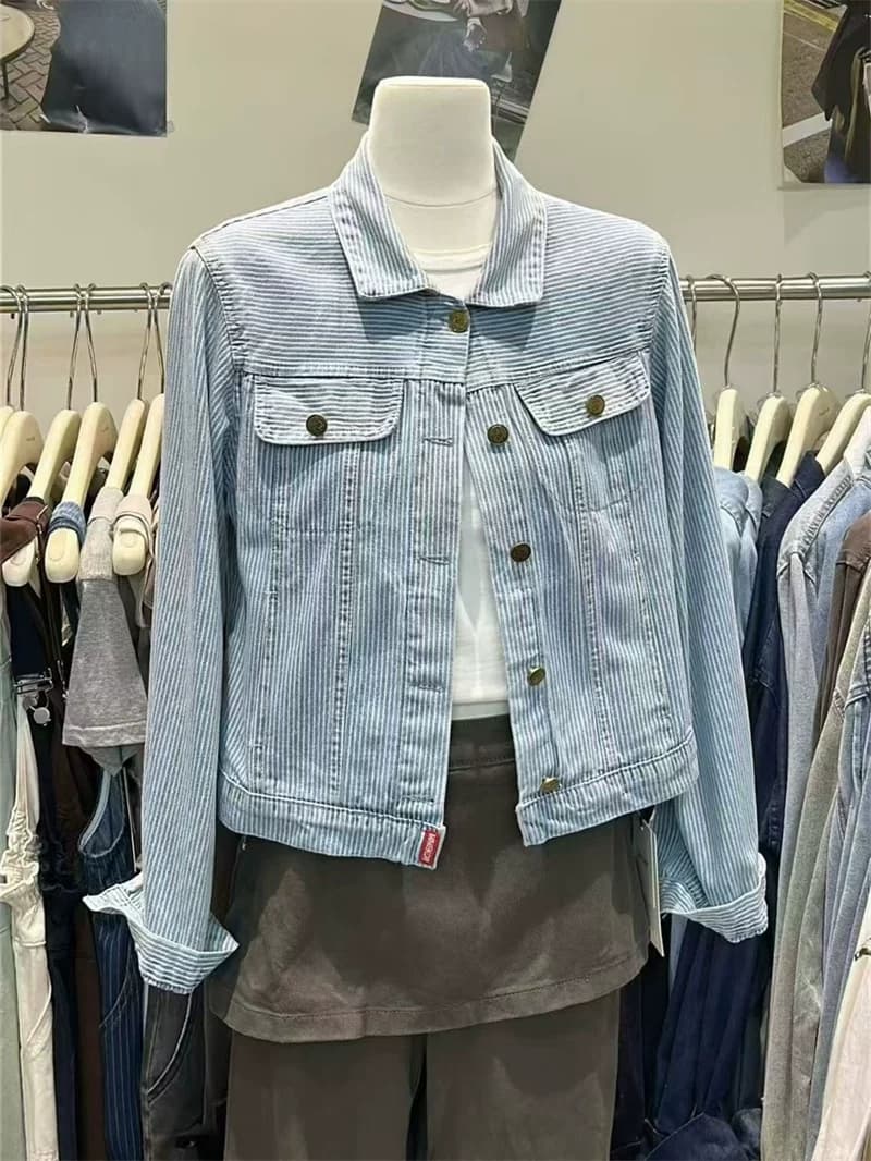 추안 추안 또한 아메리칸 레트로 스트라이프 몸매 가꾸기 데님 재킷 남녀 긍정적 인 어깨 마이크로 루즈핏 쇼트 스타일 오픈 가디건 맨위 가을 상세 이미지 7