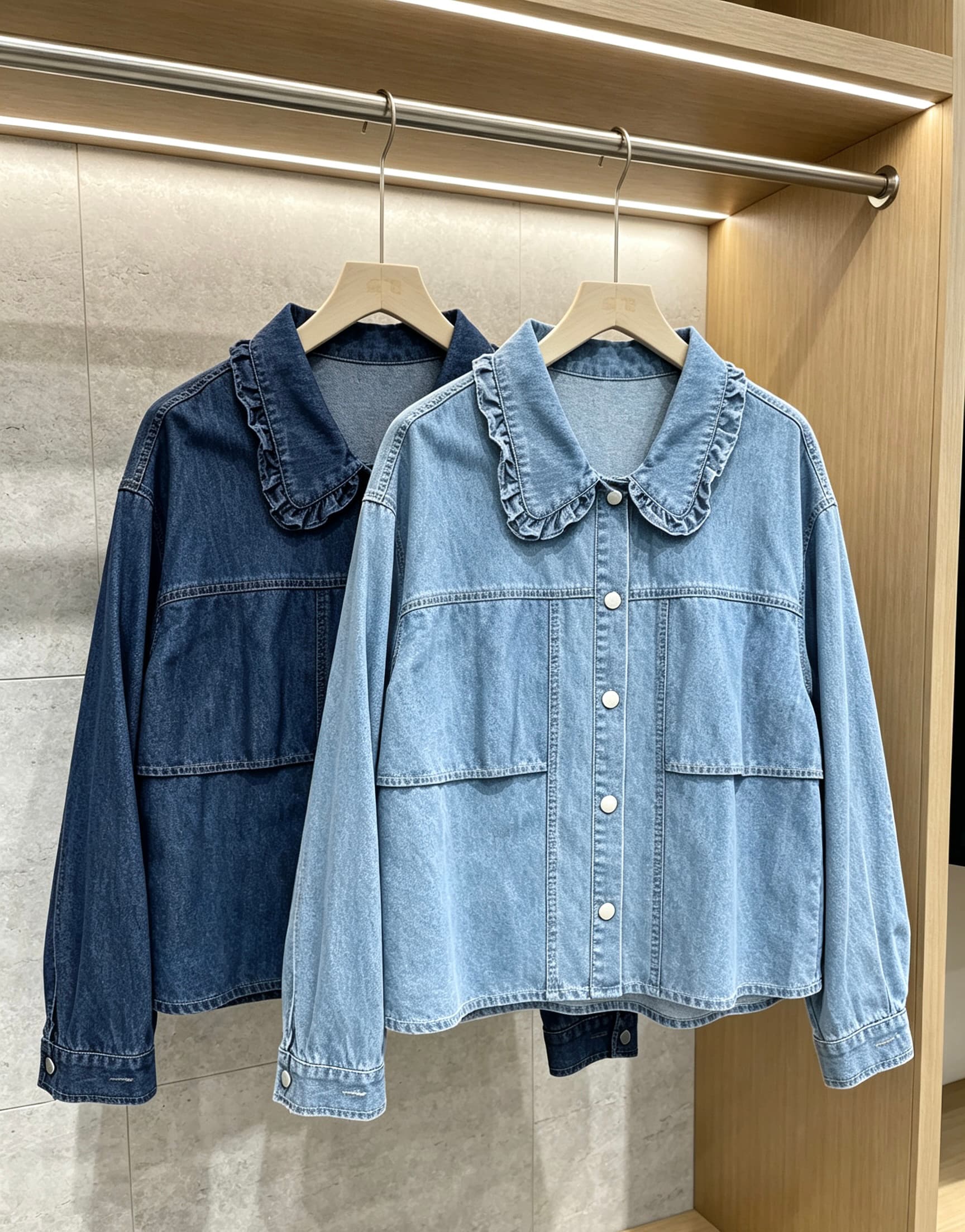 한 부서 프릴 베이비 칼라 주간 실크 데님 여성 코트 이른 가을 루즈핏 쇼트 스타일 연령 감소 프릴 칼라 맨위