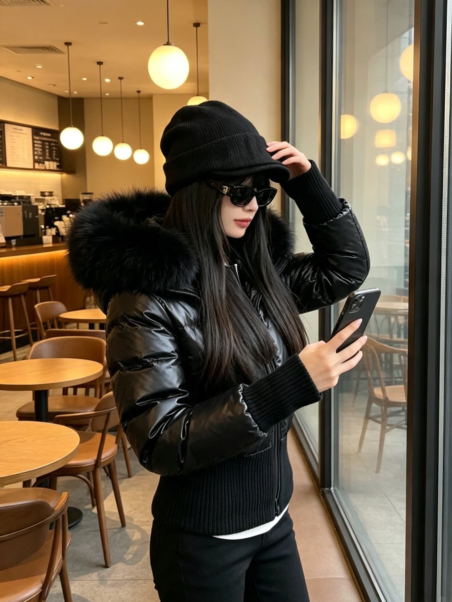 한 부서 네리 털이 있는 방수 가죽 표면 허리 수축 패딩 재킷 다운 코트 겨울 재킷 두꺼움 목화 진딧물 면 의류 여성 상세 이미지 4