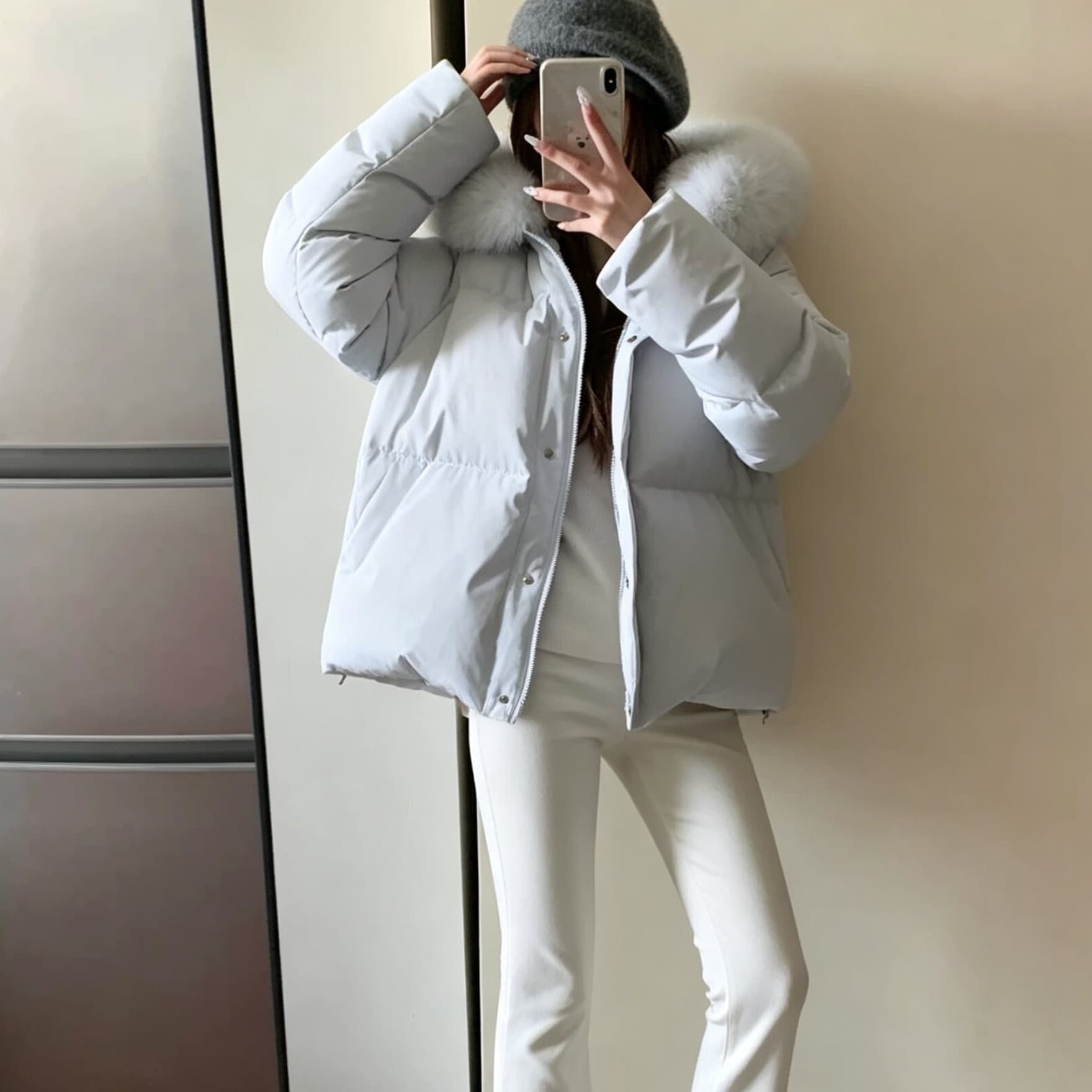 실사 폭스 큰 모피 칼라 후드 쇼트 스타일 다운 재킷 여성 작은 키 겨울 한국 스타일 루즈핏 두꺼운 보온 재킷 이미지 3