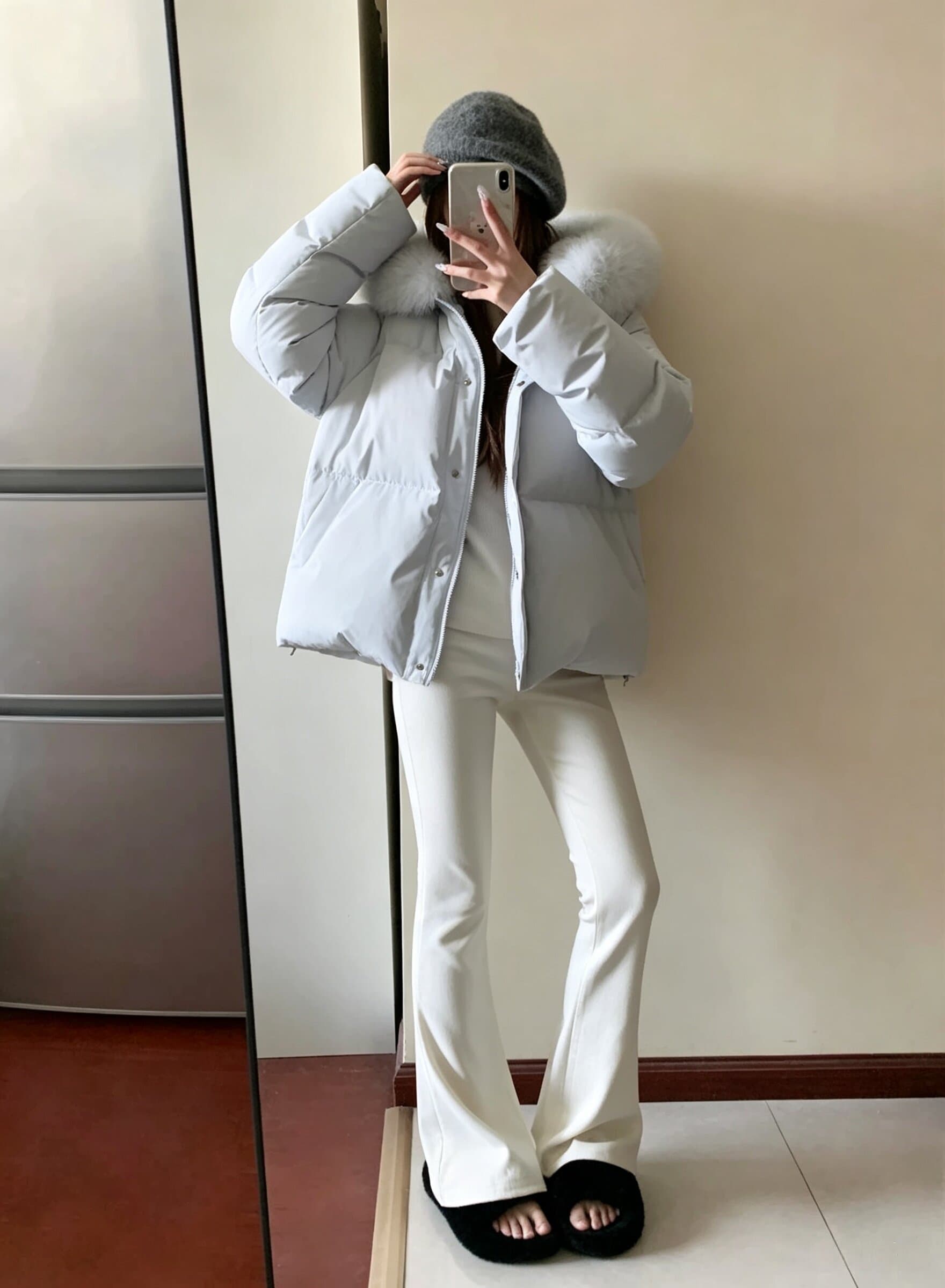 실사 폭스 큰 모피 칼라 후드 쇼트 스타일 다운 재킷 여성 작은 키 겨울 한국 스타일 루즈핏 두꺼운 보온 재킷 상세 이미지 10