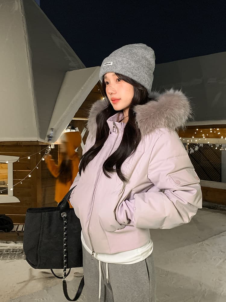 작은 마을 산산 눈 반사하다 阑珊 시뮬레이션 전갈 모피 칼라 면 의류 여성 겨울 방풍 쇼트 스타일 후드 작은 키 재킷 상세 이미지 4