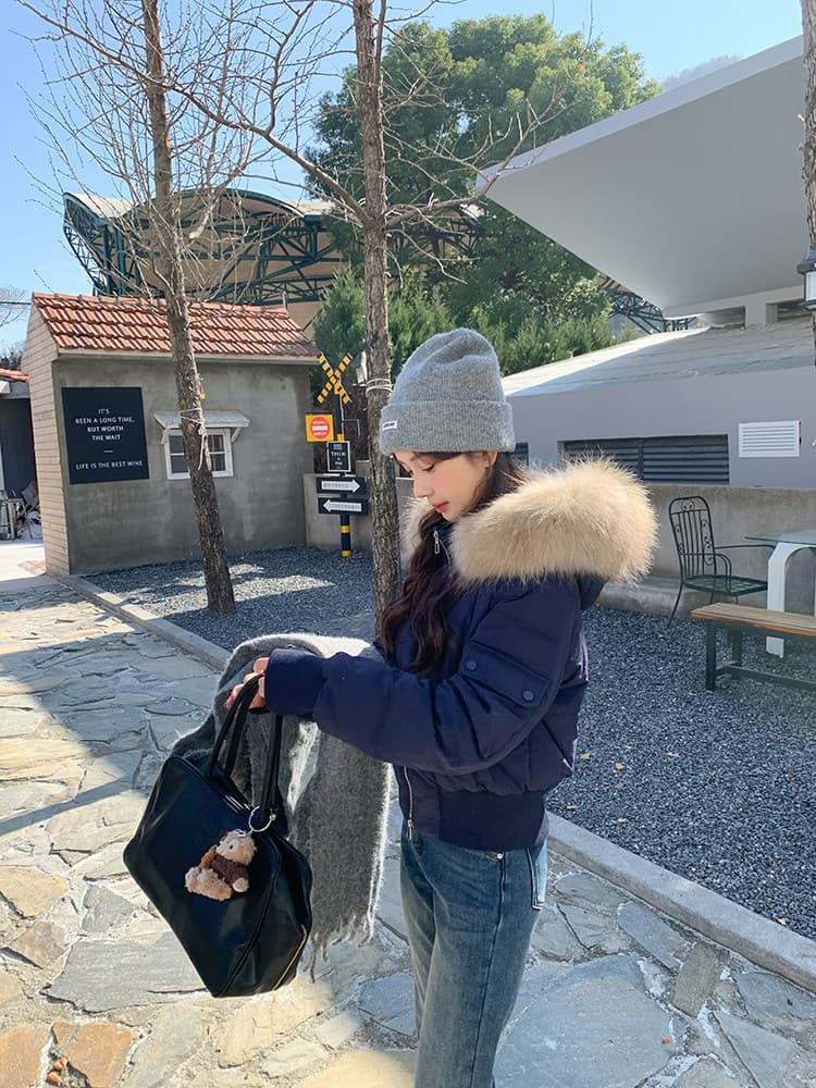 작은 마을 산산 눈 반사하다 阑珊 시뮬레이션 전갈 모피 칼라 면 의류 여성 겨울 방풍 쇼트 스타일 후드 작은 키 재킷 상세 이미지 21