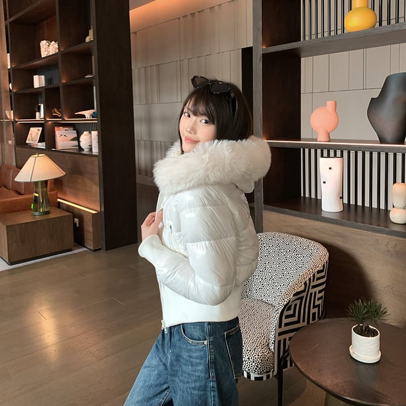 한 부서 네리 털이 있는 방수 가죽 표면 허리 수축 패딩 재킷 다운 코트 겨울 재킷 두꺼움 목화 진딧물 면 의류 여성 이미지 6