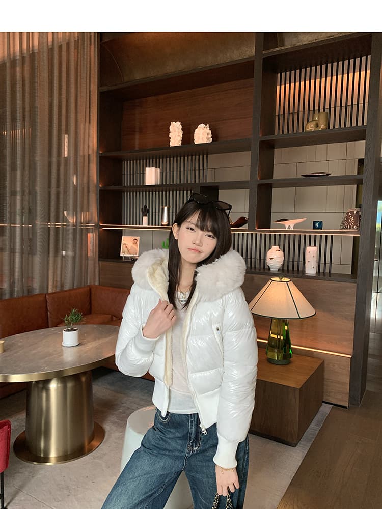 한 부서 네리 털이 있는 방수 가죽 표면 허리 수축 패딩 재킷 다운 코트 겨울 재킷 두꺼움 목화 진딧물 면 의류 여성 상세 이미지 4
