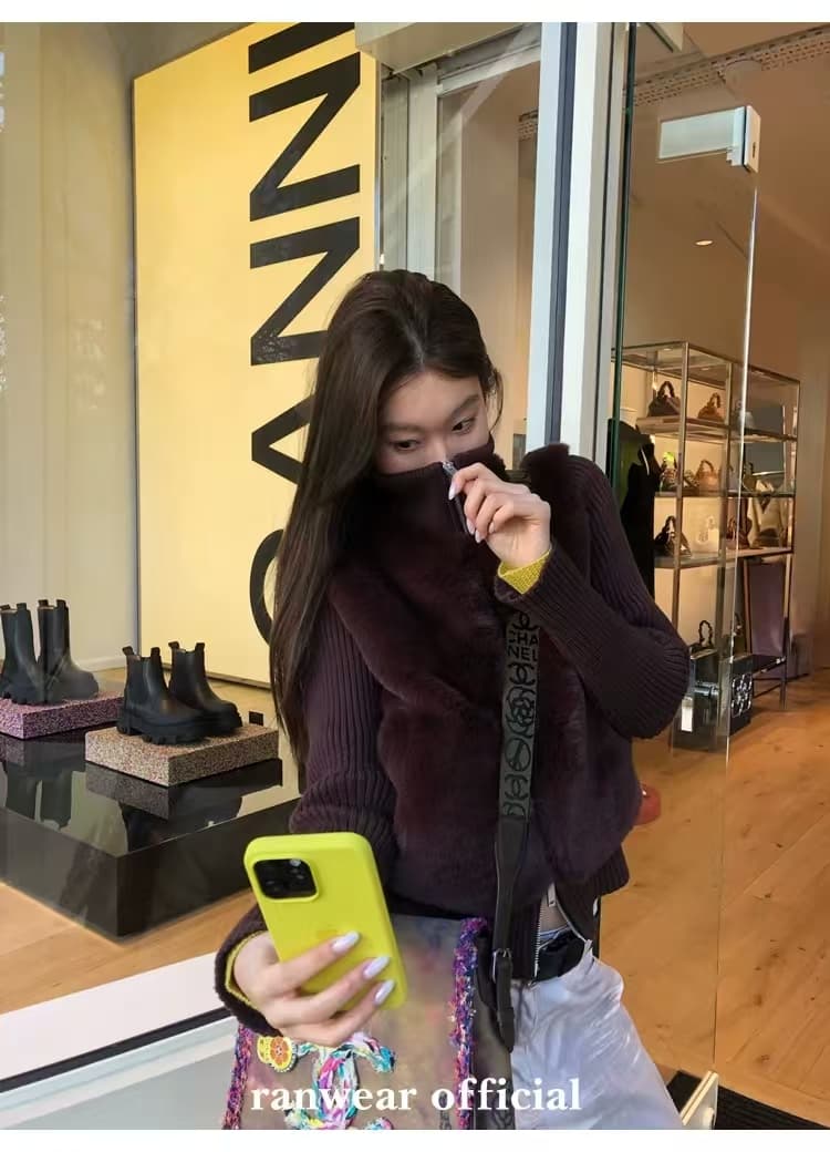 하나 오노 라스베리 모피 니트 패치워크 여성 코트 2026 년 가을 겨울 패션 고급 센스 작은 대중 한 첨부 된 의류 상세 이미지 22